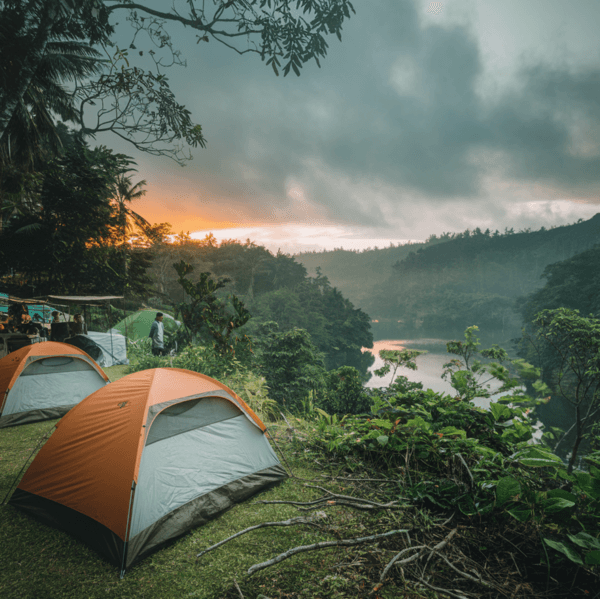 Cozy camping setup surrounded by lush greenery in Lombok.