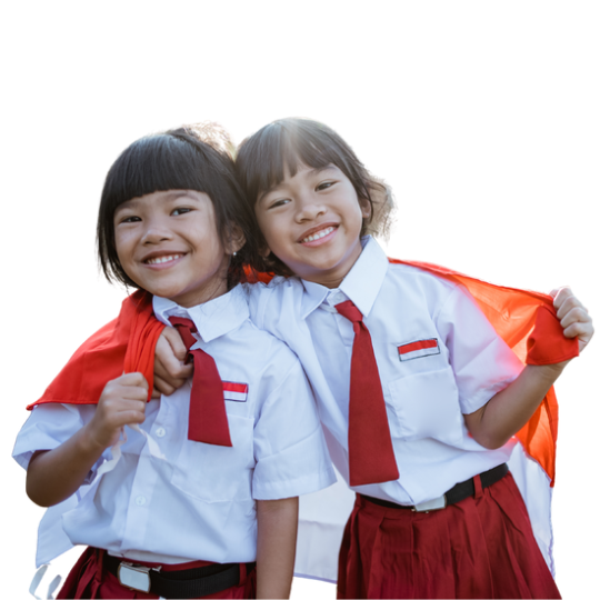 Two children in school uniforms proudly holding an Indonesian flag on their shoulders.
