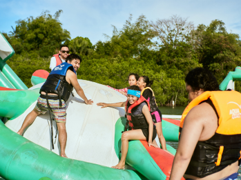Participants enjoying engaging water-based games as part of our diverse activity offerings.